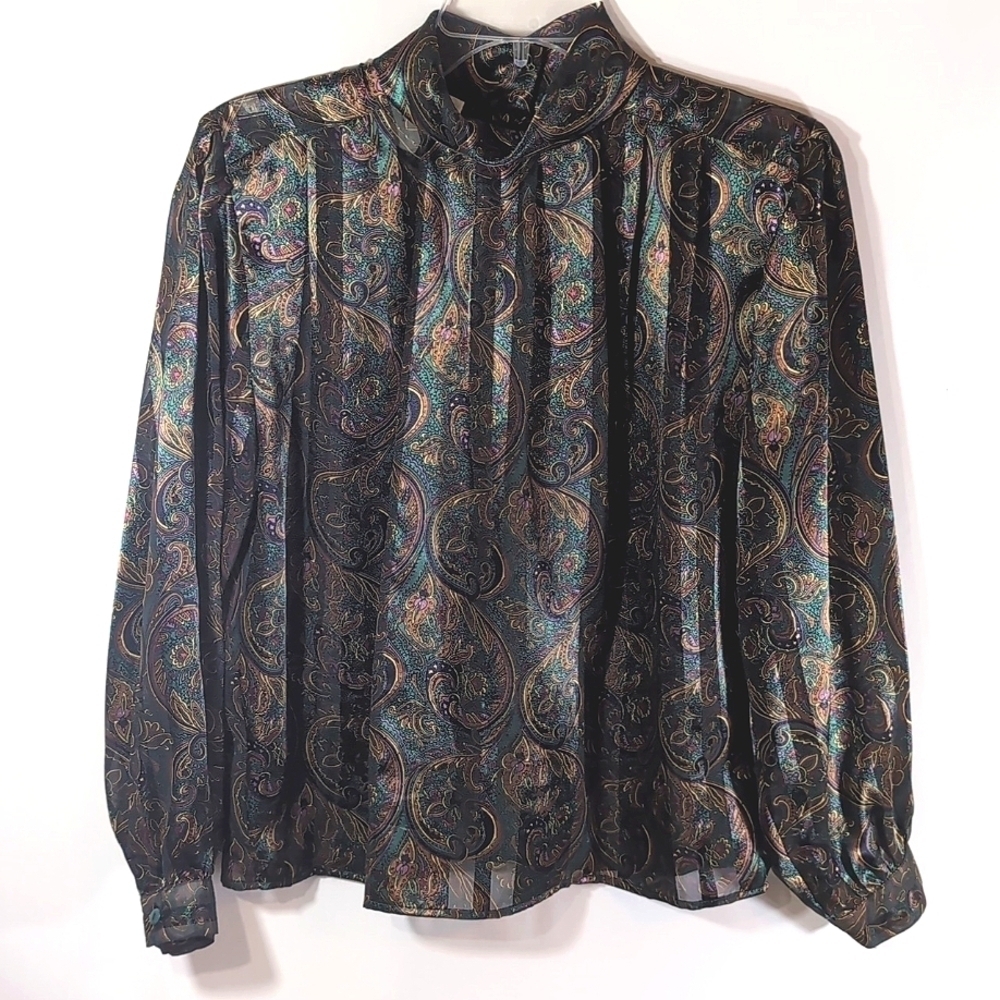 Petite Sophisticate Forest Green Paisley Long Sleeve Blouse Top - Size 6